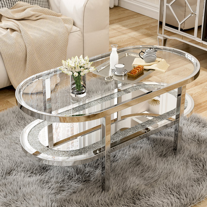 Mercer41 Merrissa Mirrored Glass Coffee Table with 2 Tier Glass
